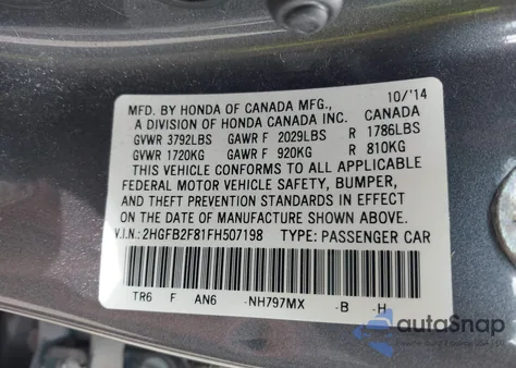 2015 Honda Civic Ex z USA, uszkodzony, nr VIN 2HGFB2F81FH507198